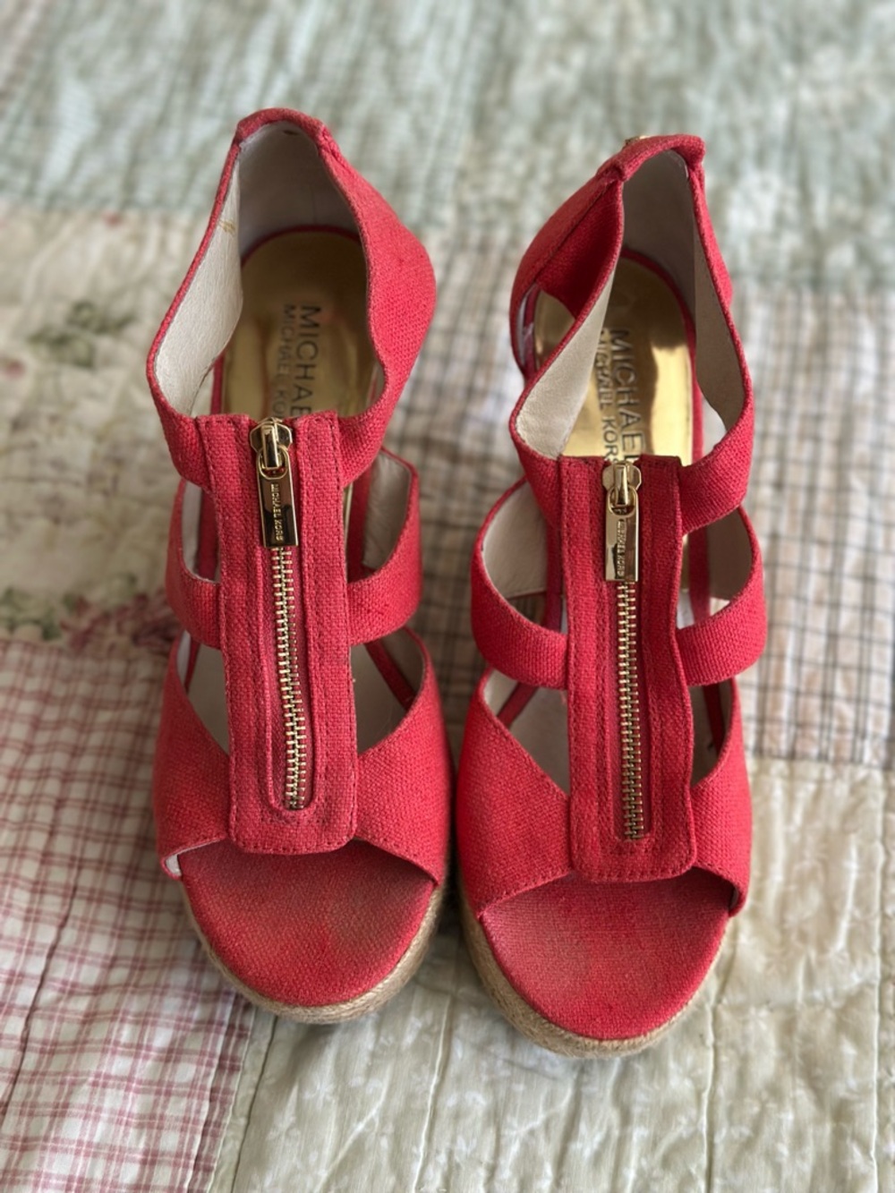 Michael Kors Coral-Red Front Zip Wedge Sandals